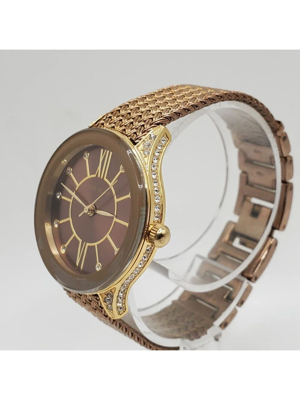 Ann Klein Gold Tone Rhinestone Case Watch Women 30mm New Battery